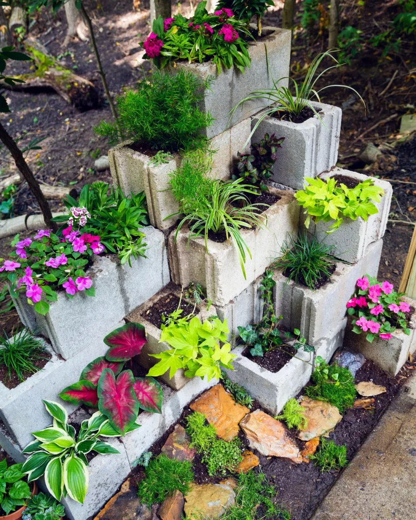 cylinder blocks being used as DIY planters