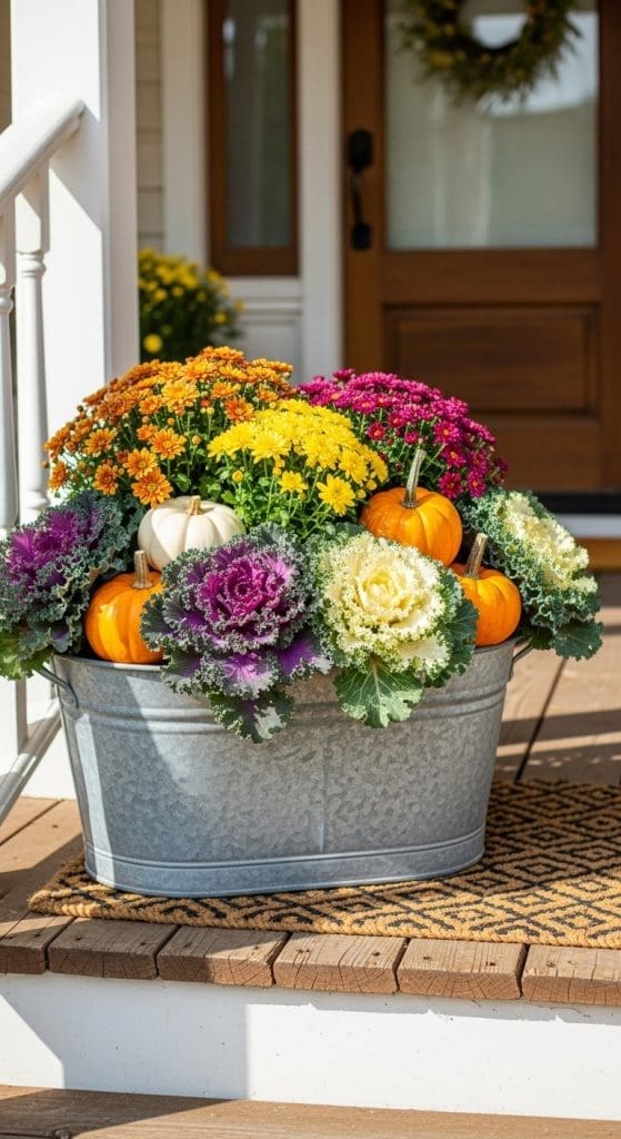 galvanized bucket full of fall flowers and mini pumpkins