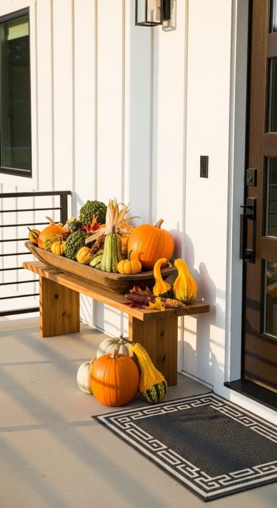 pumpkins and gourds in a large wooden doough bowl on a bench on a front porch