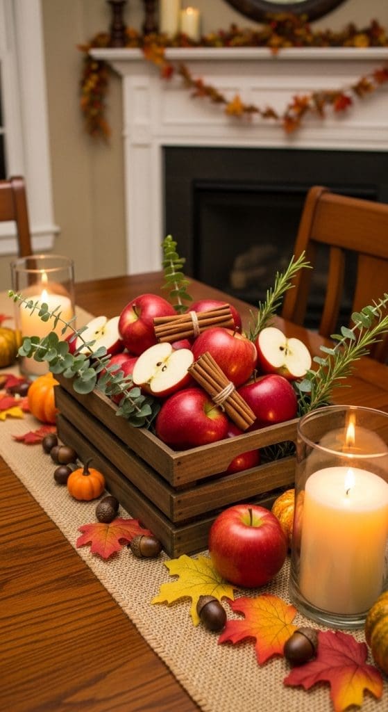 crate full of red apples and cinnamon sticks for a fall tablescape