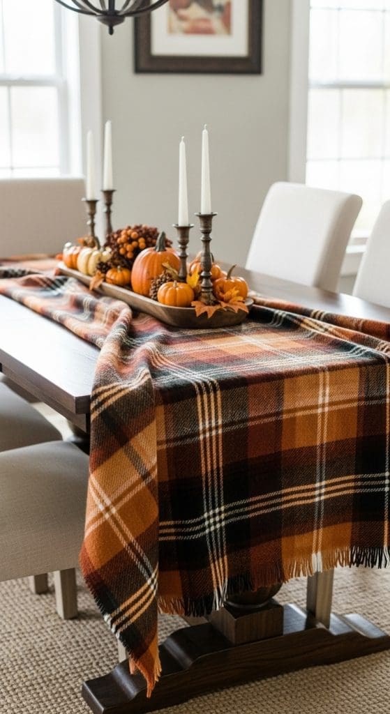 orange and brown plaid blanket being used as a table runner