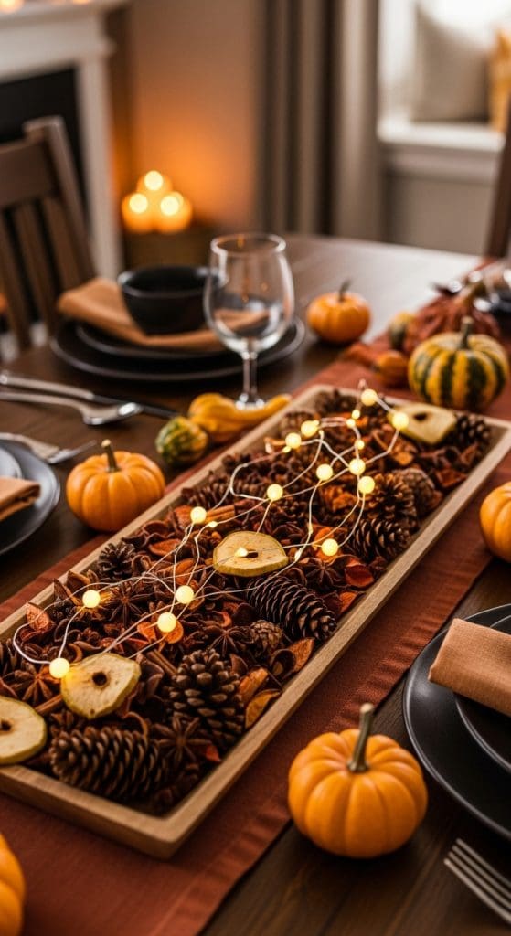 pinecones in a doughbowl with fairy lights