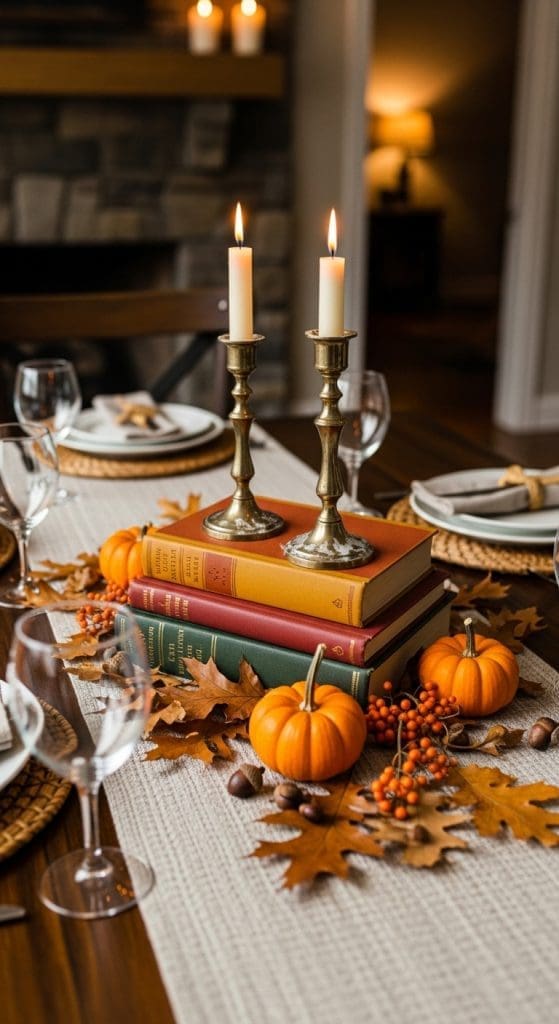 stacked books on a dining room table with pillar candles and orange pumpkins
