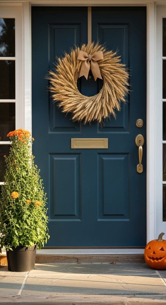wreath made from wheath grass with a burlap bow