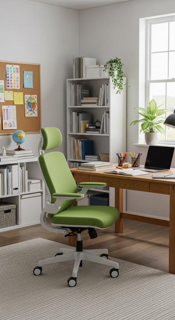 green ergonomic chair in a home school room