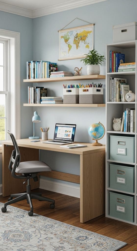 Floating shelves with books and baskets in a home school office
