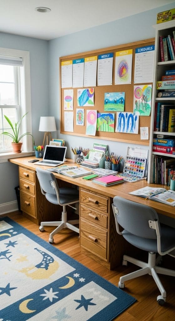 corkboard with children's paintings and schedules