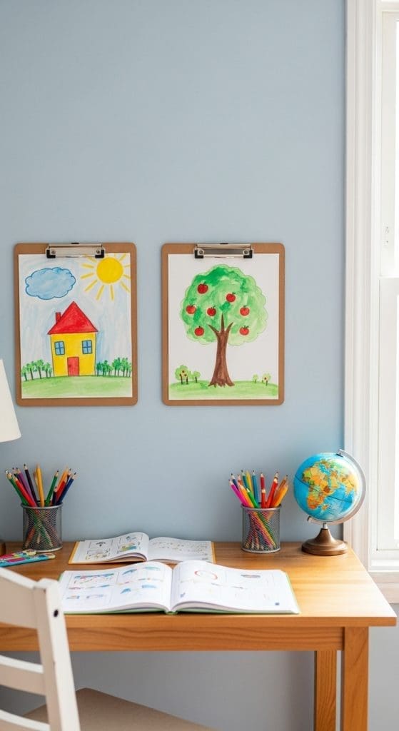 Children's paintings on clipboards hanging on a wall in a child's homechool