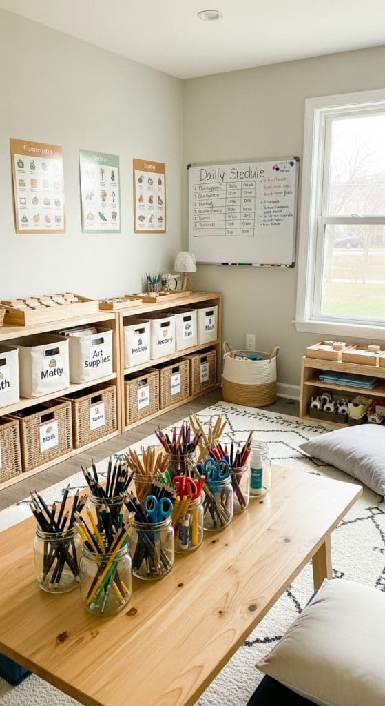 Linen and wicker storage boxes on shelves with labels in a home school room