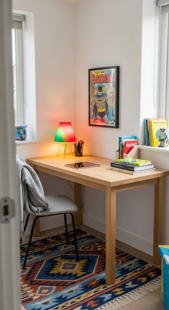homeschool corner in a room with a batman poster hanging on the wall