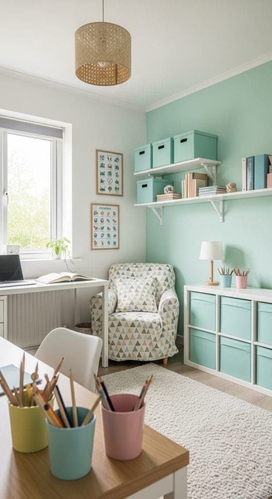 mint green wall with pastel color palette in a homeschool room