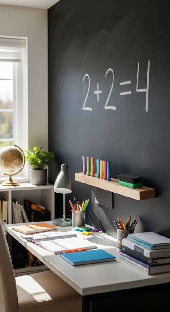 chalkboard painted wall in black with maths sum in chalk