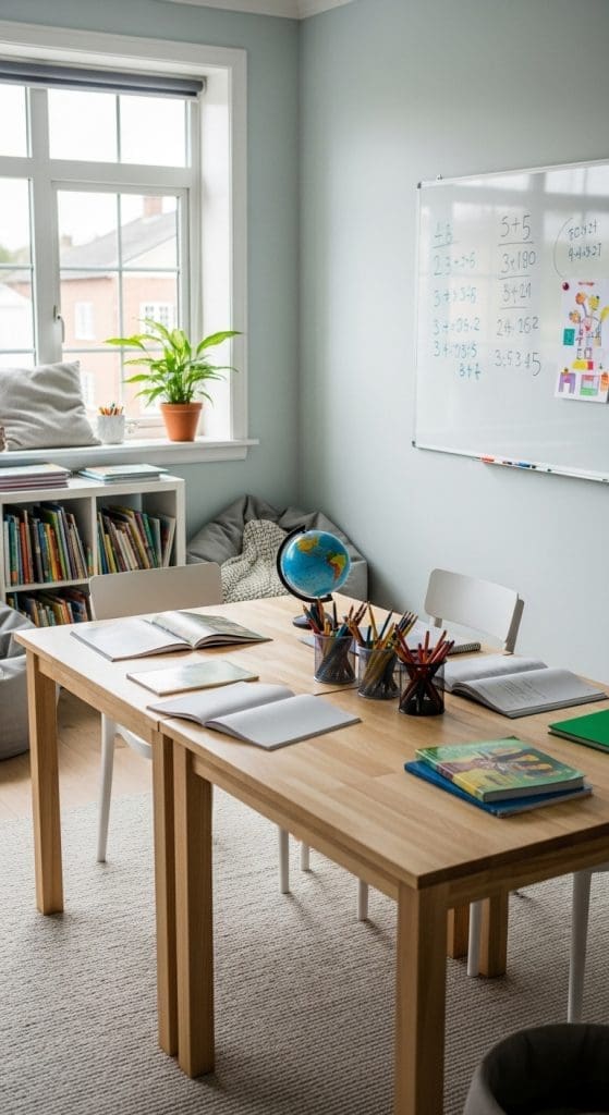 Large desk with space for two children in homeschool room