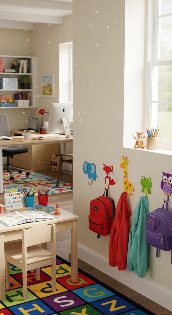 children's hooks hanging on wall at child level with bags and coats on