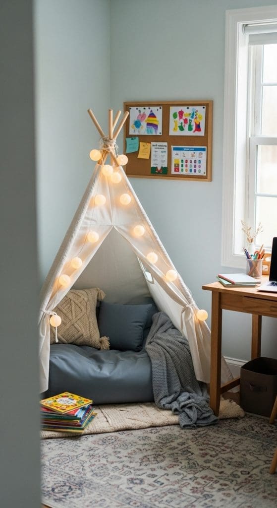 teepee tent with fairy lights in the corner of a homeschool room