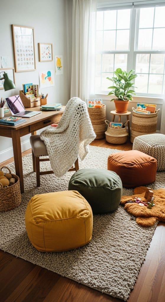 Layer in textures with blankets, pillows and ottomans in homeschool room