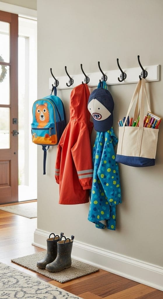 white and black wall hooks for kids clothing and backpacks in entryway