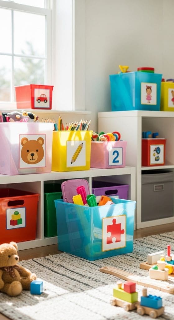 colourful storage boxes labeled with different pictures