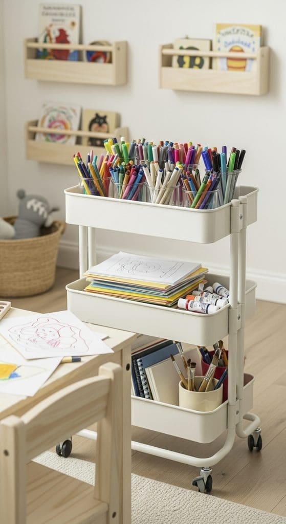 rolling cart for art supplies in a kids room 