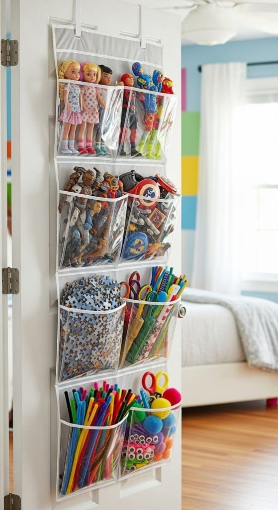 a shoe organizer converted into a toy storage 