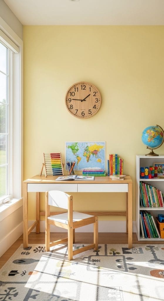 simple wooden round clock on a Yellow Wall for Home School Room Ideas