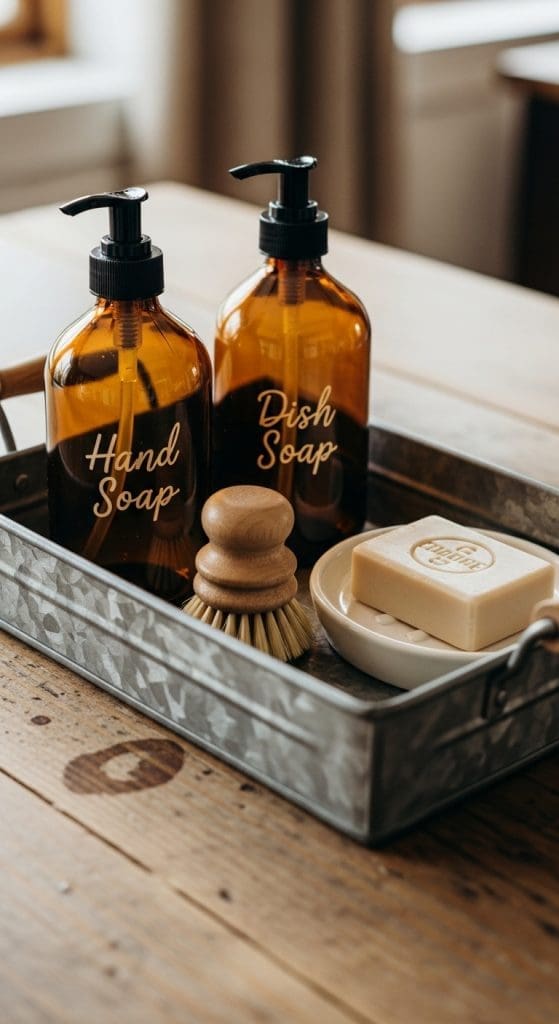 Vintage metal tray holding amber soap bottles