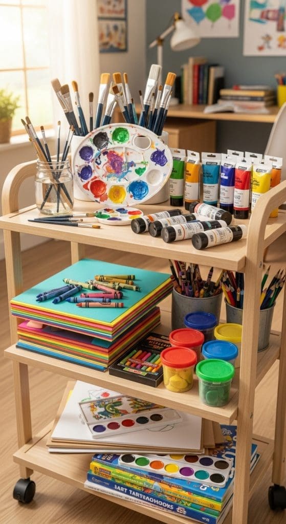 painting supplies on a rolling cart in a home school office