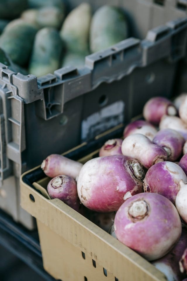 turnips in a brown cardboard box 
