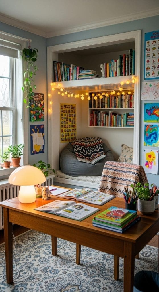 reading nook with fairy lights hanging for Home School Room Ideas
