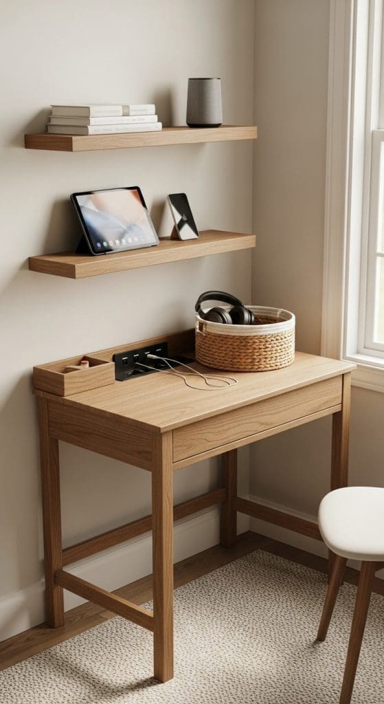 Minimal corner with baskets and technology in a home school office