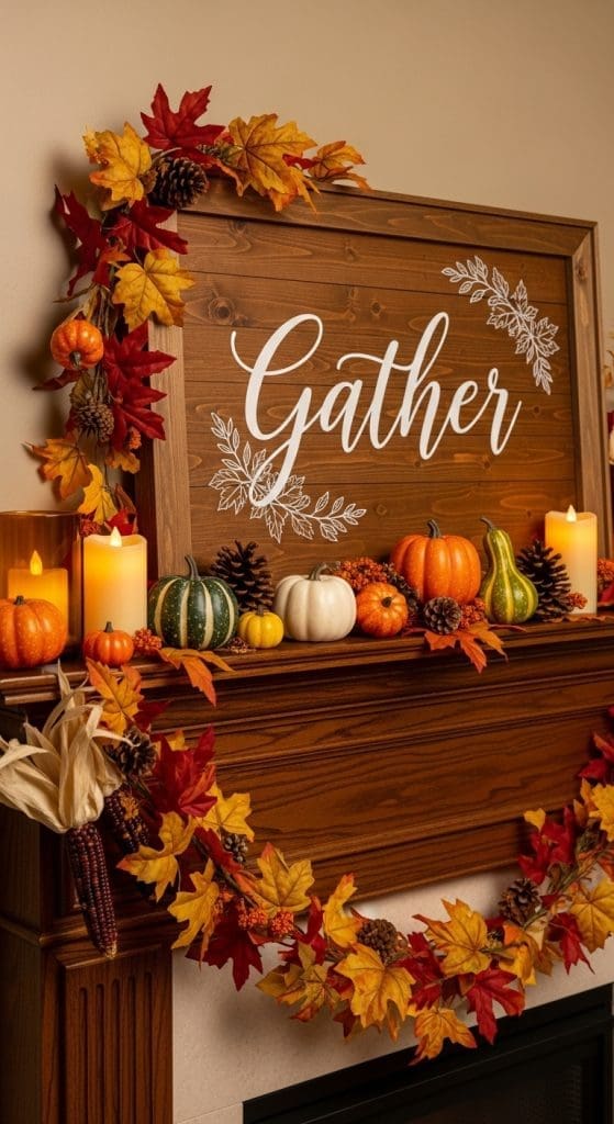 rustic wooden sign that says GATHER on a wooden fireplace mantle