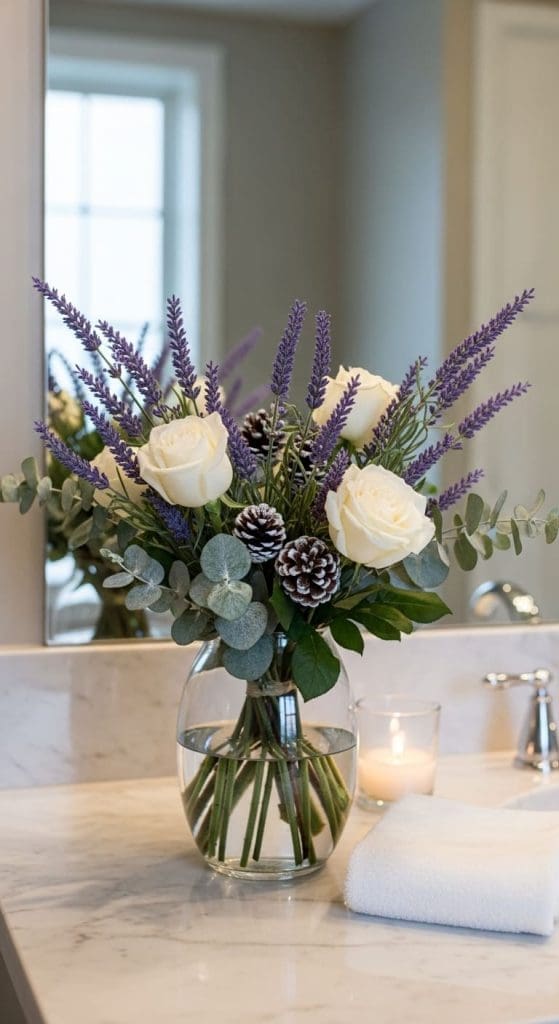 lavender, white roses and pinecones in a glass vase on bathroom unit