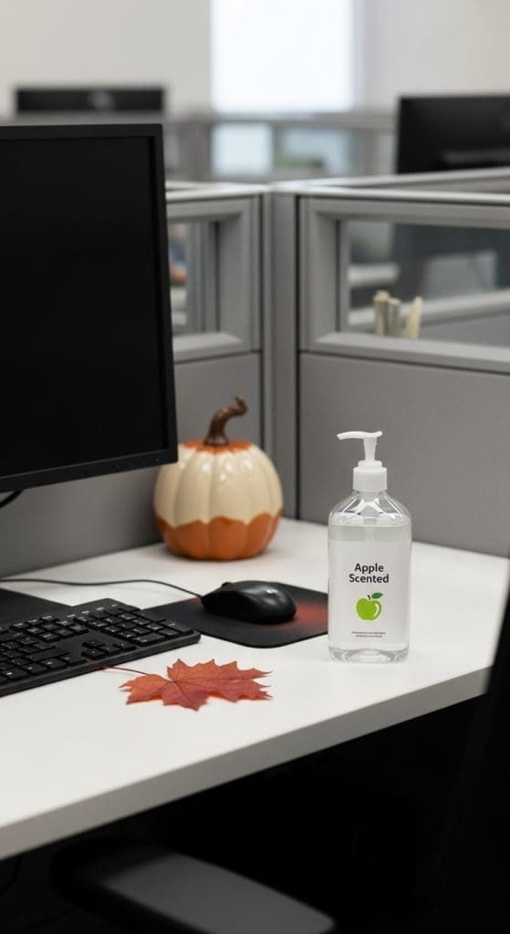 apple scented hand sanitizer on a white office desk 