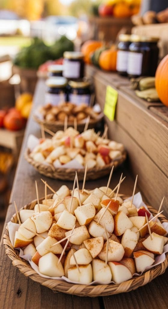 small bite sized apples with toothpicks on a farmstand
