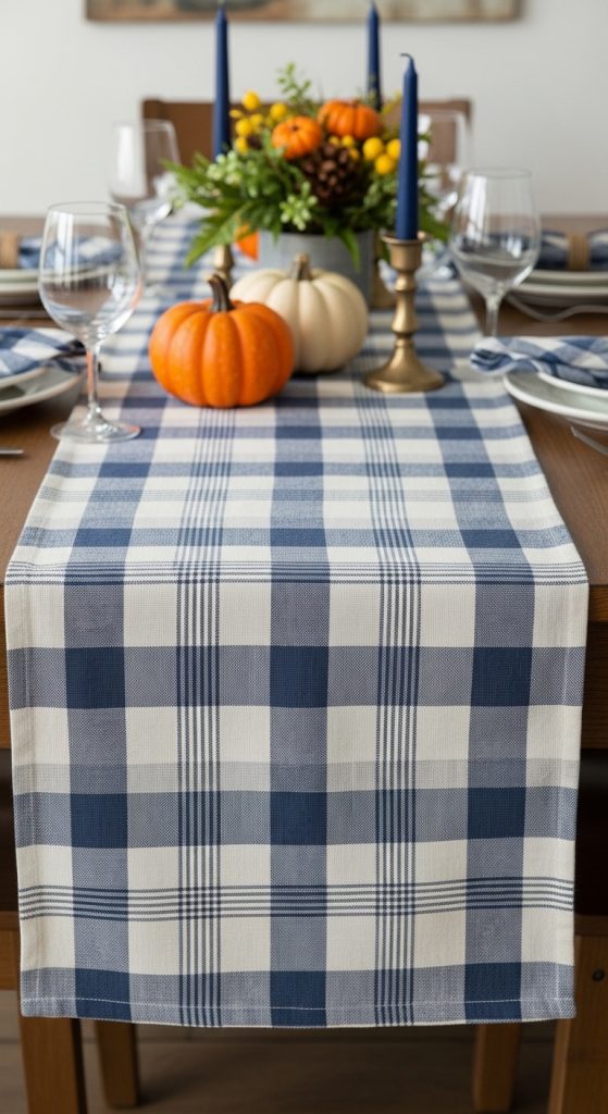 ticking stripe blue and white Thanksgiving farmhouse table decor