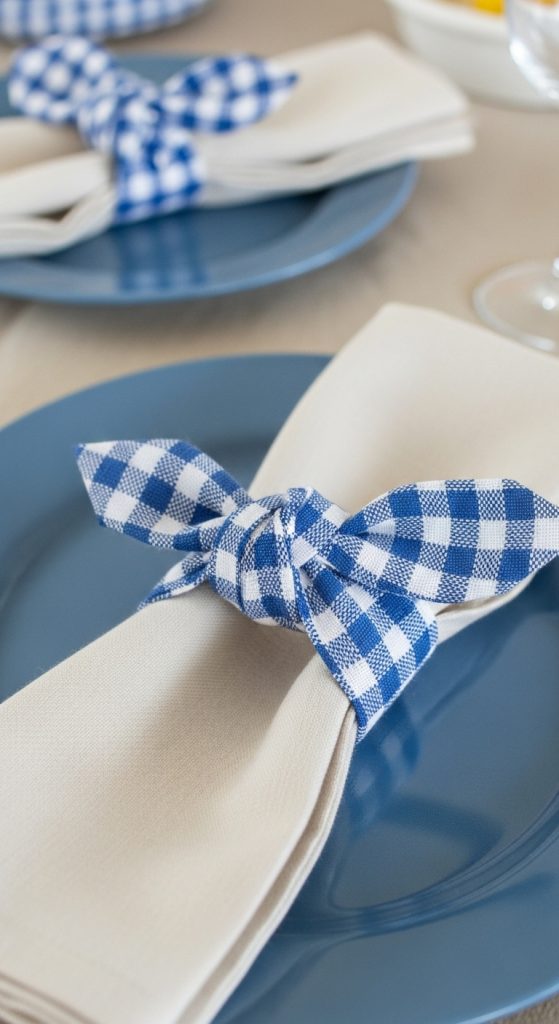 Gingham material napkin ties as Thanksgiving farmhouse table decor