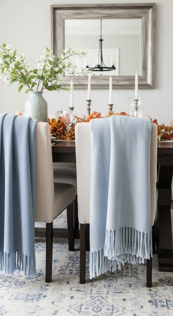 Blue blankets on the back of chairs in a cozy fall decorated dining room