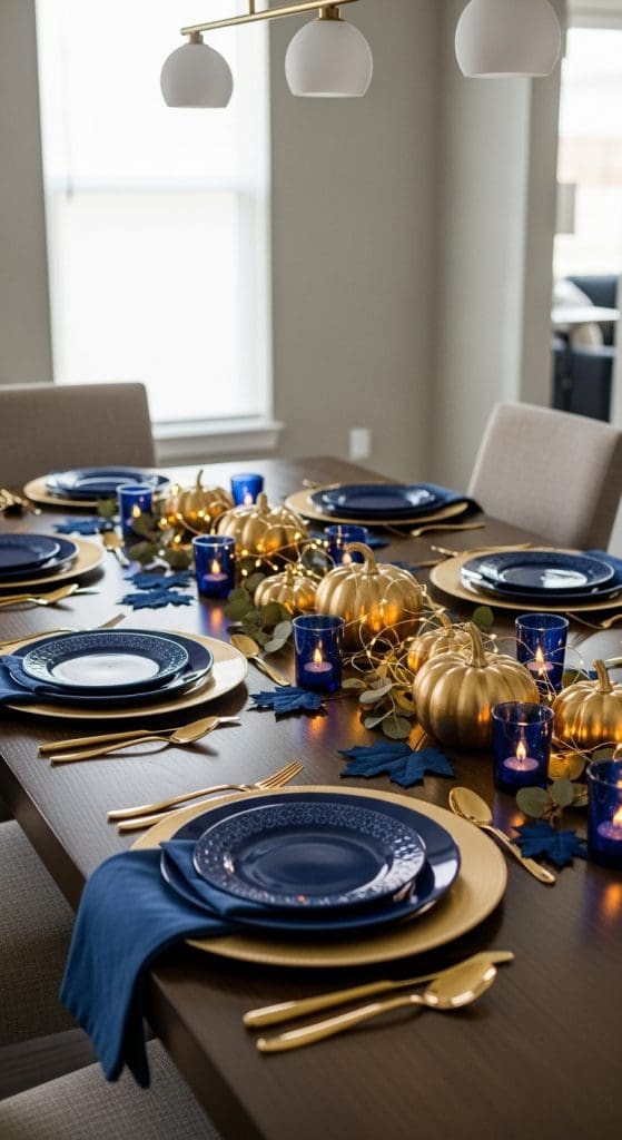Blue and gold decorated Thanksgiving table with fairy lights
