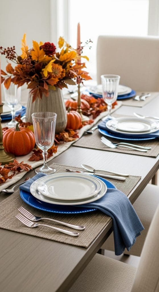 Blue Thanksgiving Table Decor with orange autumn leaves in a grey vase and silver cutlery