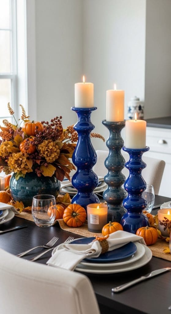 Modern ceramic candle sticks with orange pumpkins on a fall table