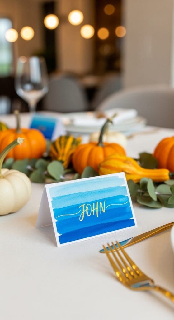 watercolor strokes on paint on a place name card with the name JOHN
