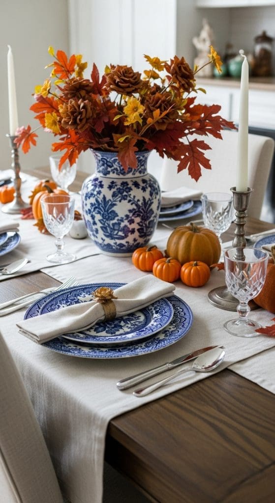 china plates on a fall decorated table for thanksgiving