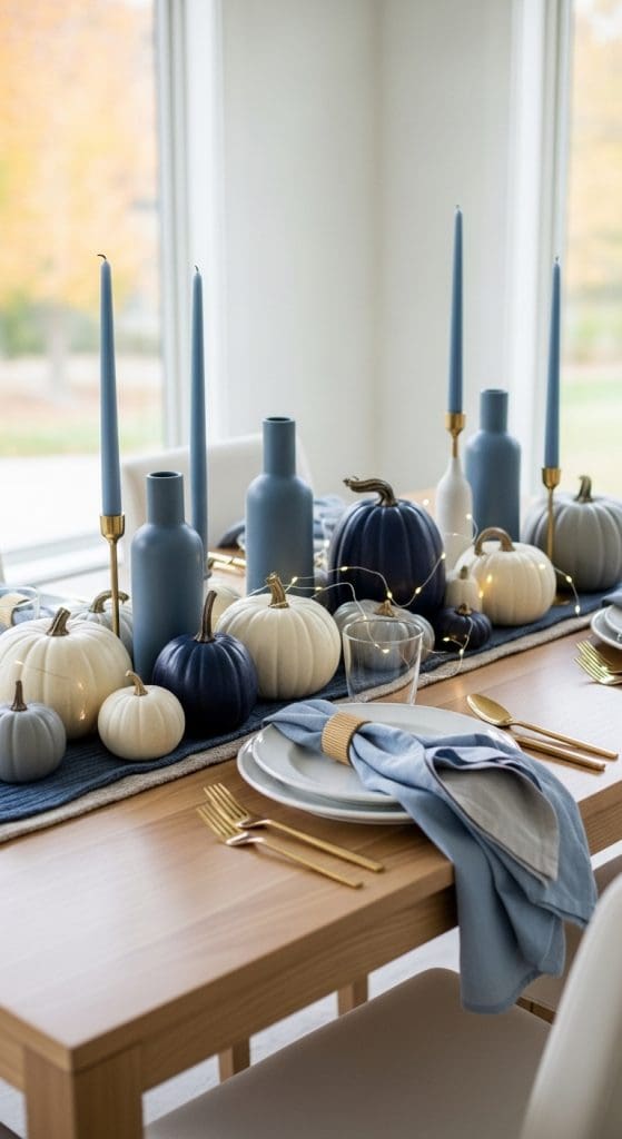 matte blue pumpkins and vases with gold cutlery on a modern fall decor table