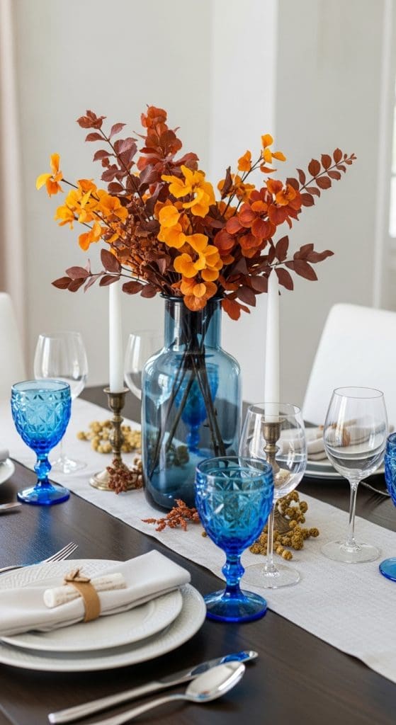 blue glasses on a fall decorated table