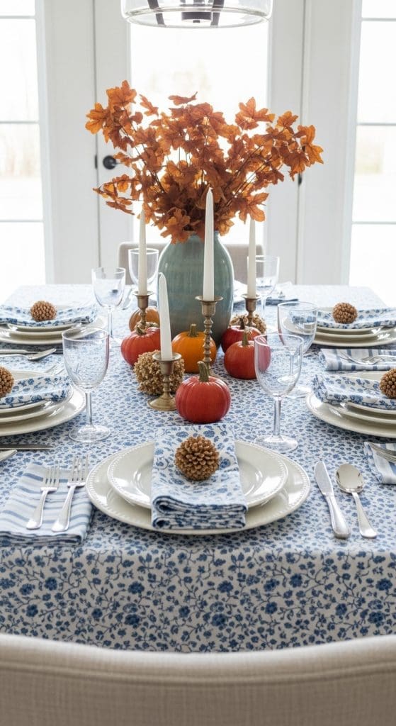 Patterned blue napkins on white plates and a matching blue table cloth on a fall decorated table