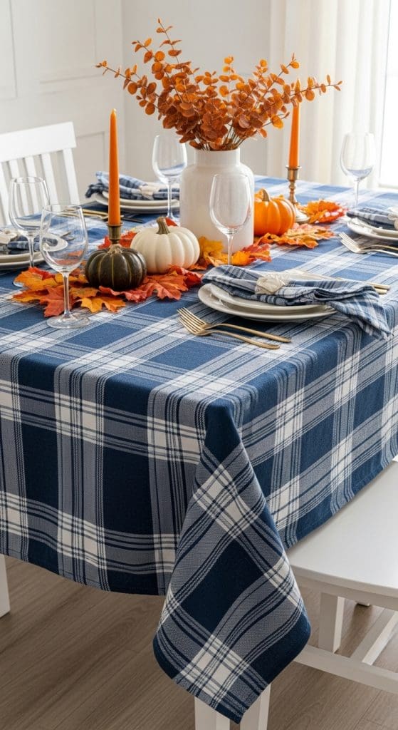 blue plaid table cloth on a thanksgiving table