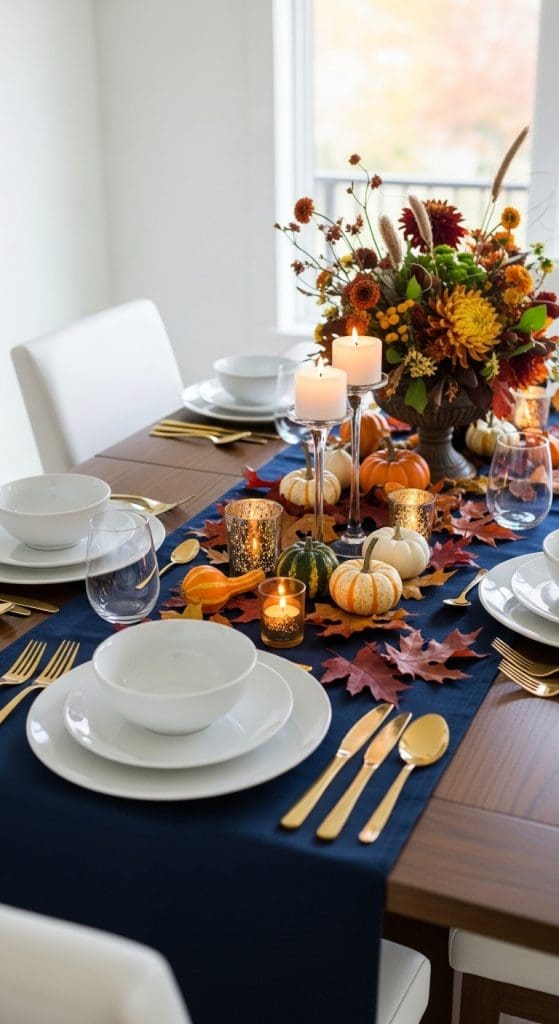 Blue Thanksgiving Table Decor with a navy blue table runner