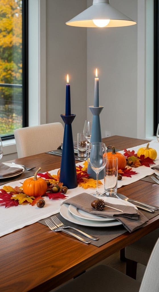 tall modern candle sticks with candles on a white runner and orange fall decor