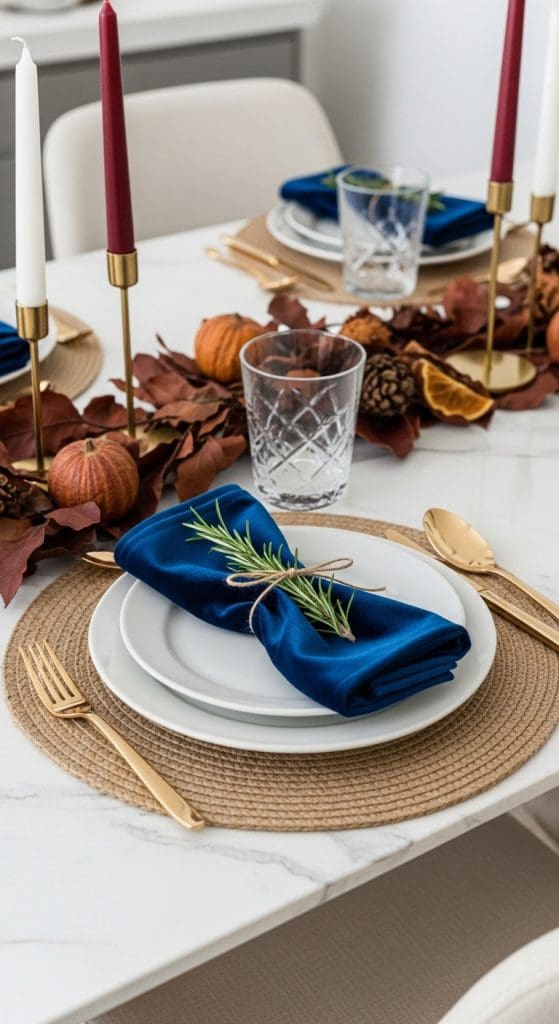 navy blue velvet napkins on white plates with rosemary sprig