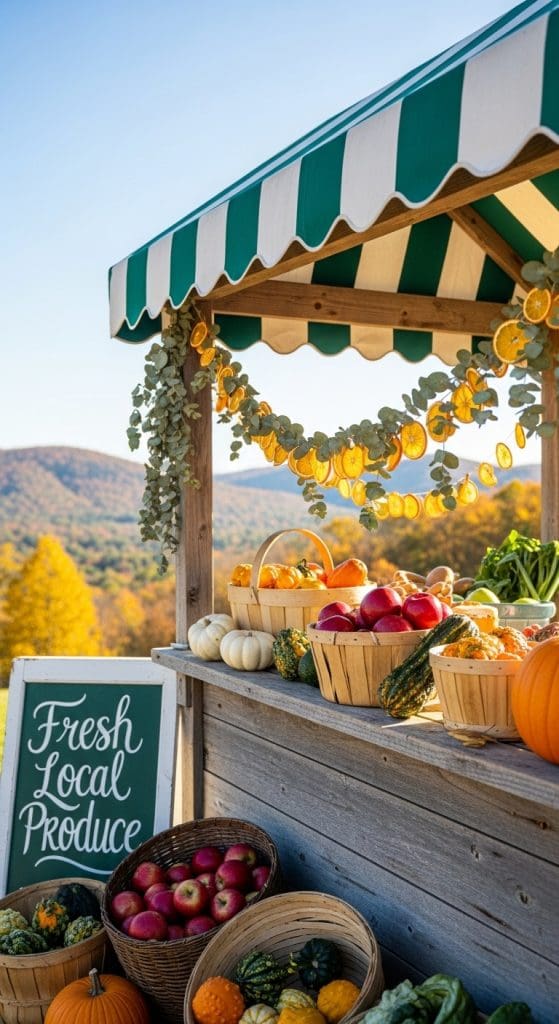stand selling fresh vegetables with orange garland hanging from top